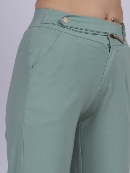 Sea Green Straight Fit Stretchable Fashion Pants