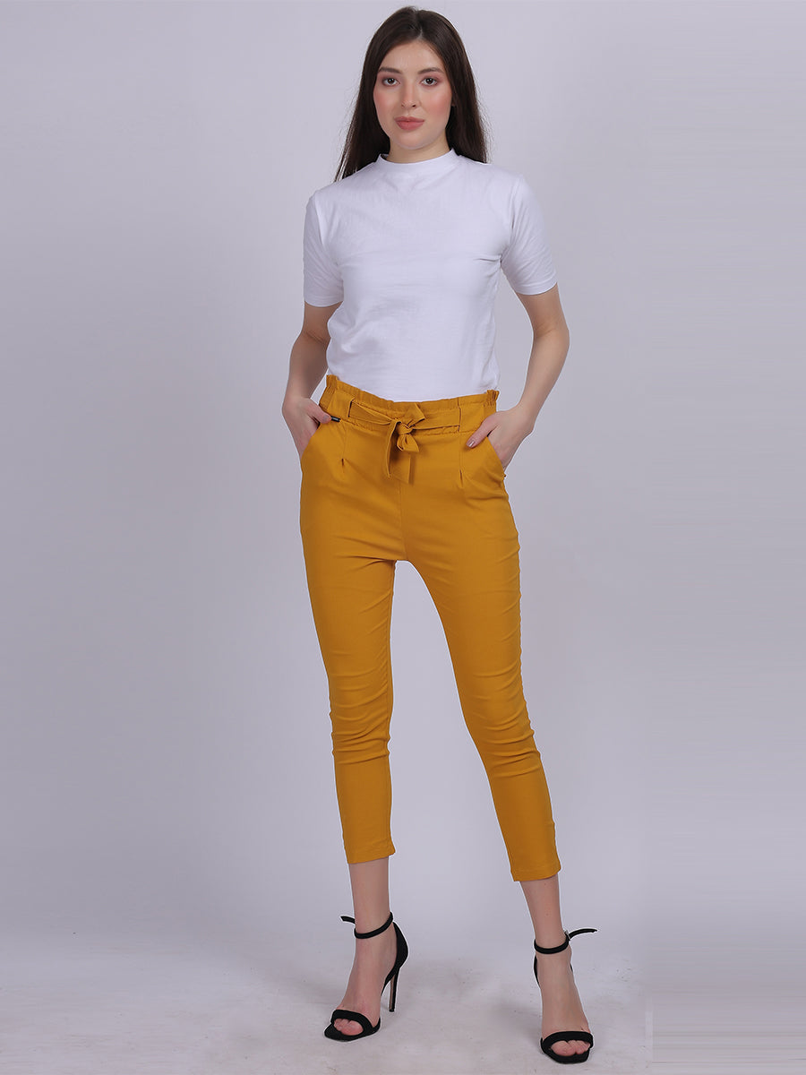 Mustard Solid Narrow Fit Trouser With Attached Fabric Belt