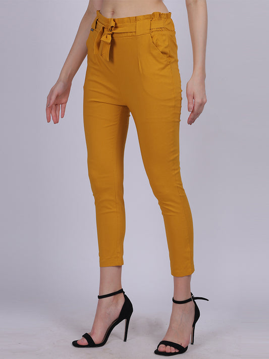 Mustard Solid Narrow Fit Trouser With Attached Fabric Belt