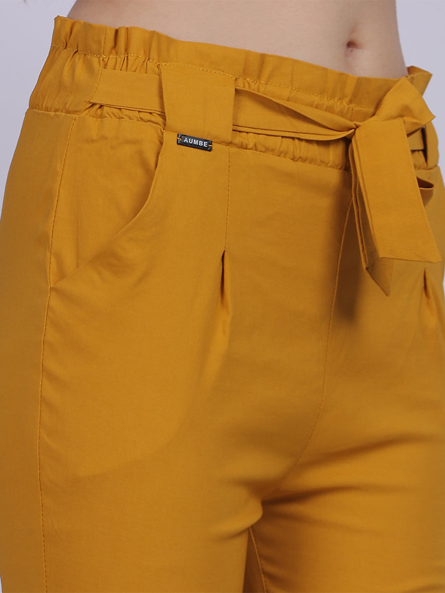 Mustard Solid Narrow Fit Trouser With Attached Fabric Belt