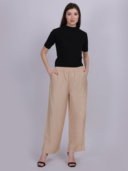 Beige Silky Denim Straight Fit Fashion Pants