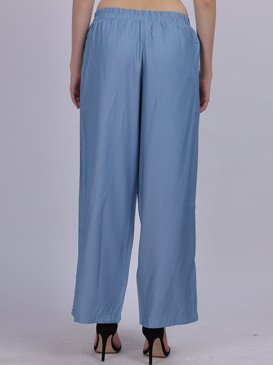 Sky Blue Silky Denim Straight Fit Fashion Pants