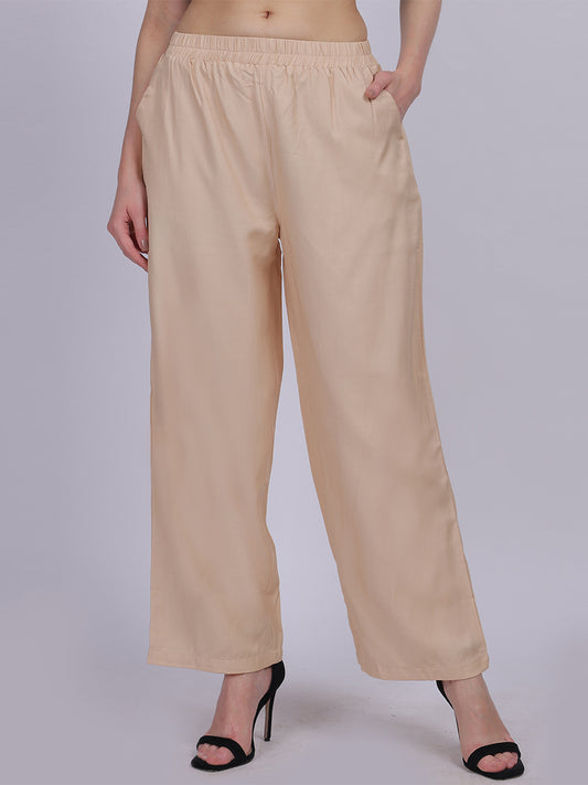 Beige Silky Denim Straight Fit Fashion Pants