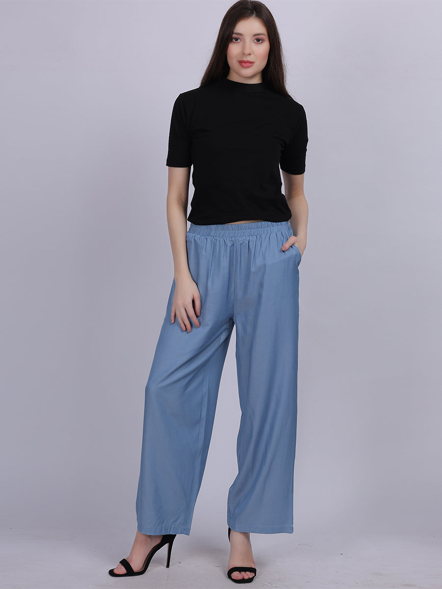 Sky Blue Silky Denim Straight Fit Fashion Pants