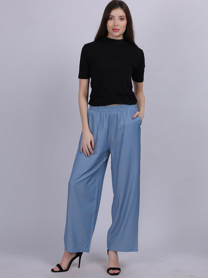 Sky Blue Silky Denim Straight Fit Fashion Pants