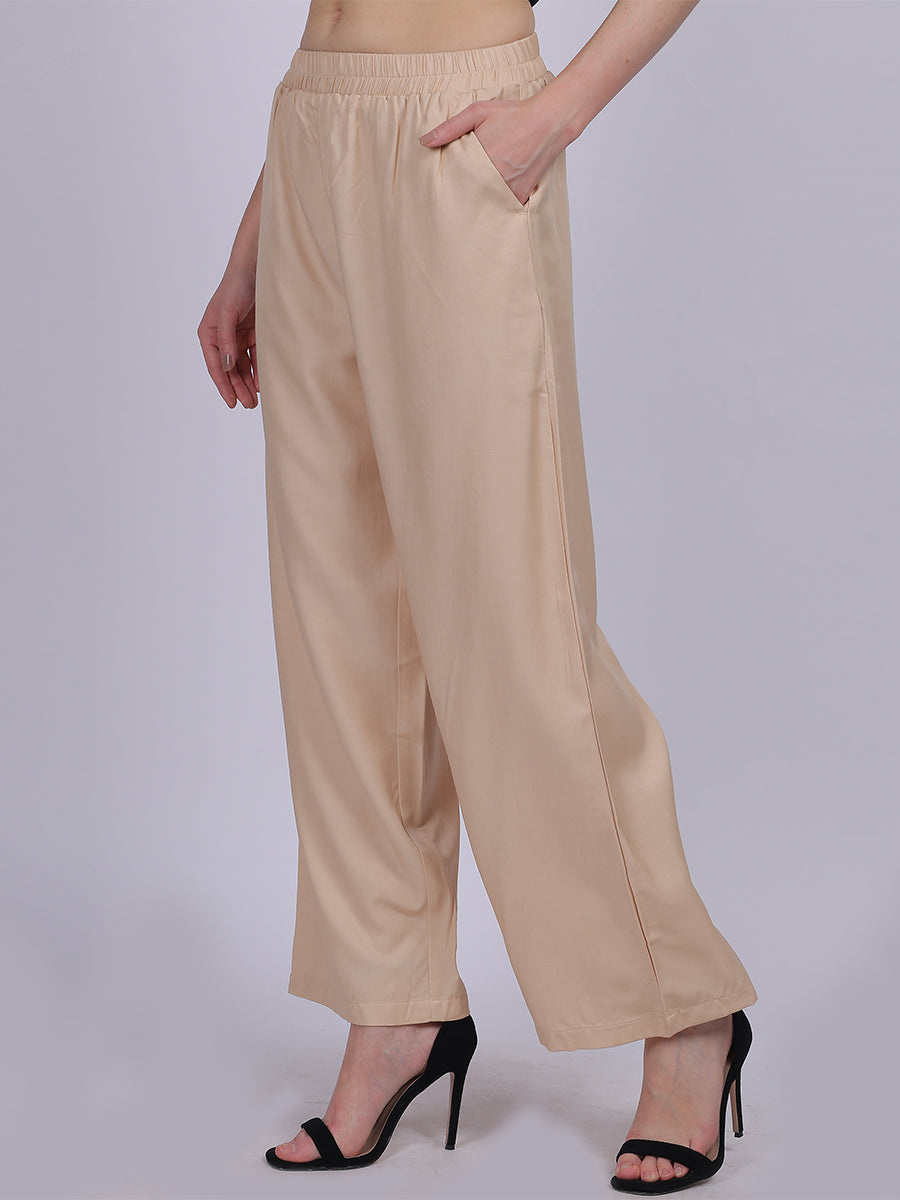 Beige Silky Denim Straight Fit Fashion Pants