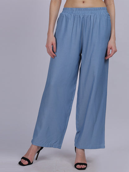 Sky Blue Silky Denim Straight Fit Fashion Pants