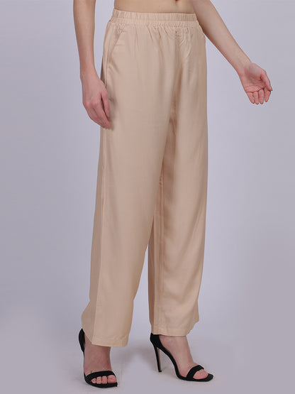 Beige Silky Denim Straight Fit Fashion Pants