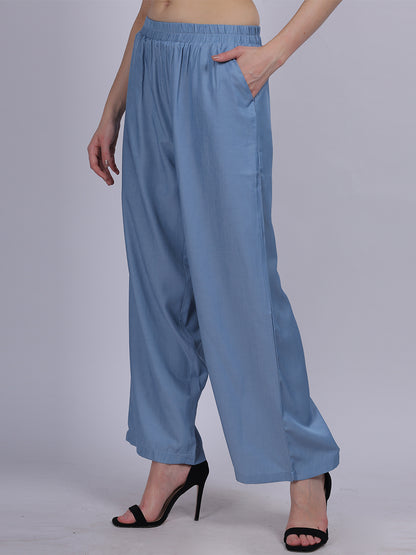 Sky Blue Silky Denim Straight Fit Fashion Pants