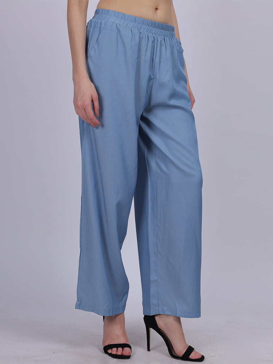 Sky Blue Silky Denim Straight Fit Fashion Pants