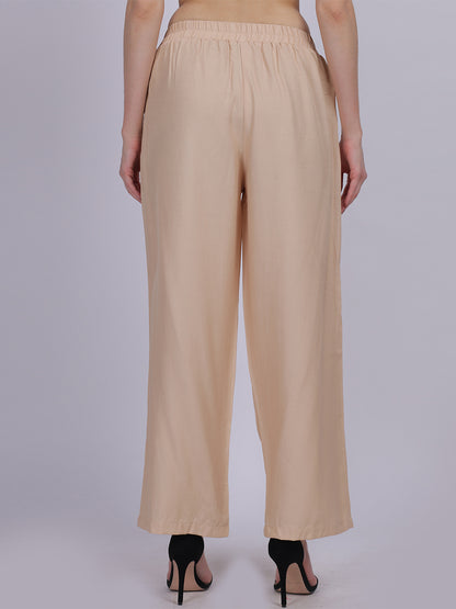 Beige Silky Denim Straight Fit Fashion Pants