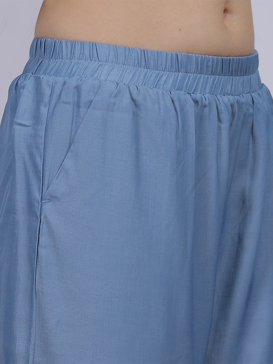 Sky Blue Silky Denim Straight Fit Fashion Pants