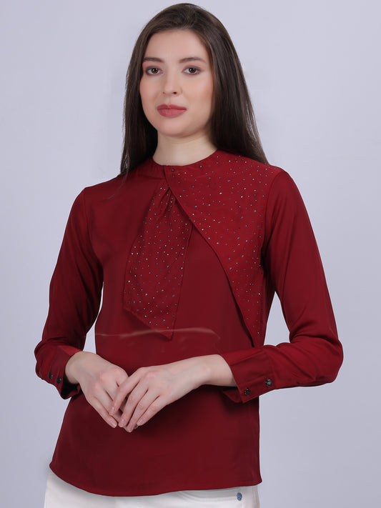 Maroon Necktie Stone Work Fashion Top