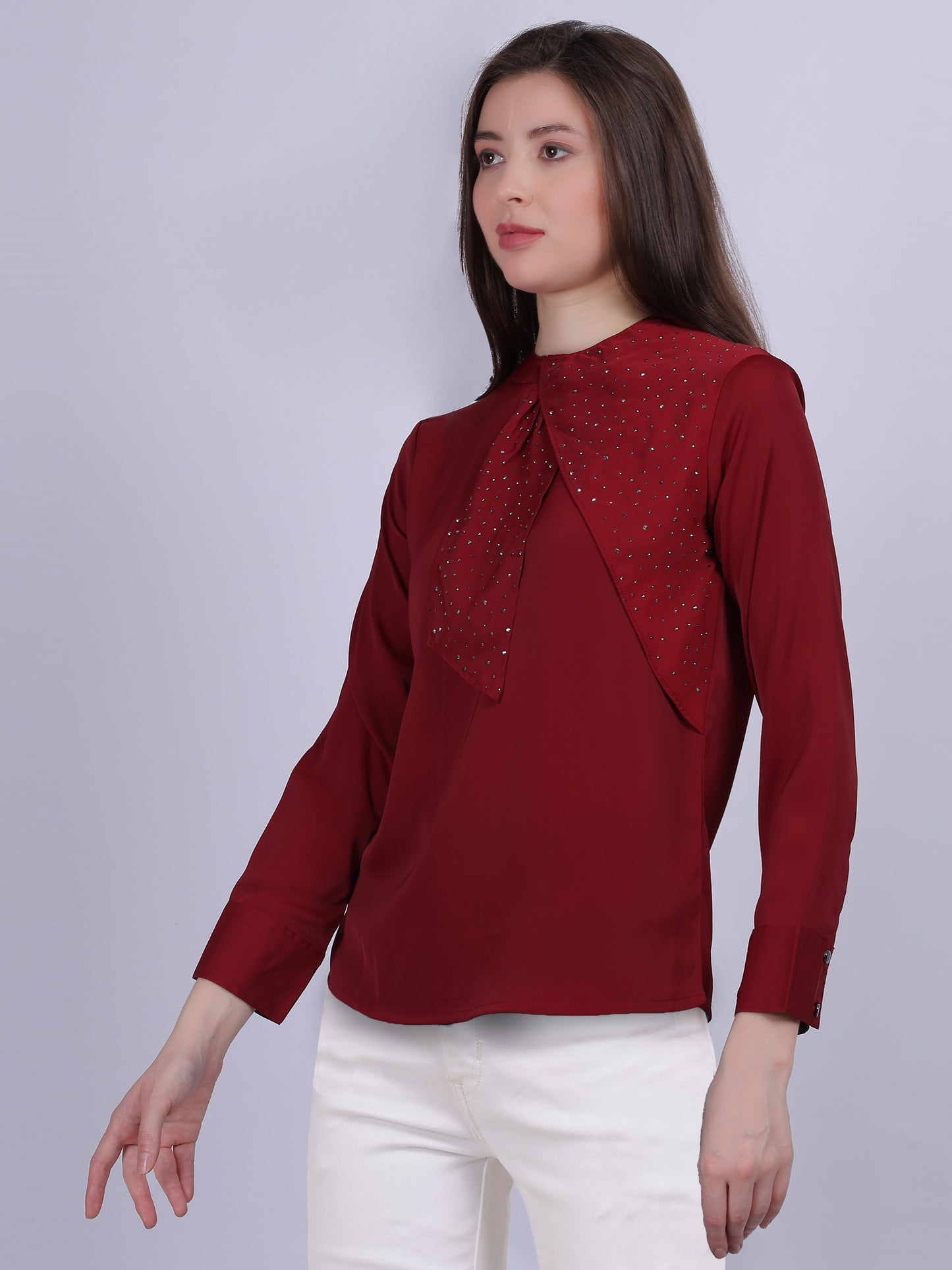 Maroon Necktie Stone Work Fashion Top