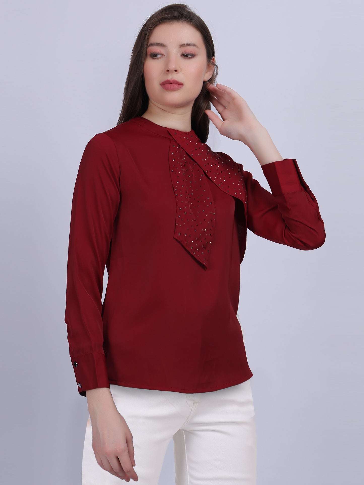 Maroon Necktie Stone Work Fashion Top