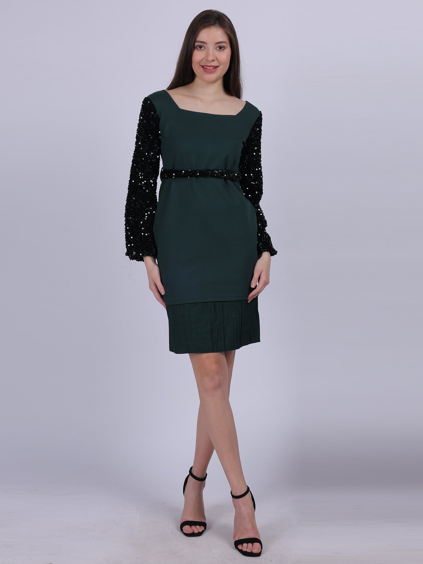 Solid Bodycon Dress With Balloon Sequence Sleeves