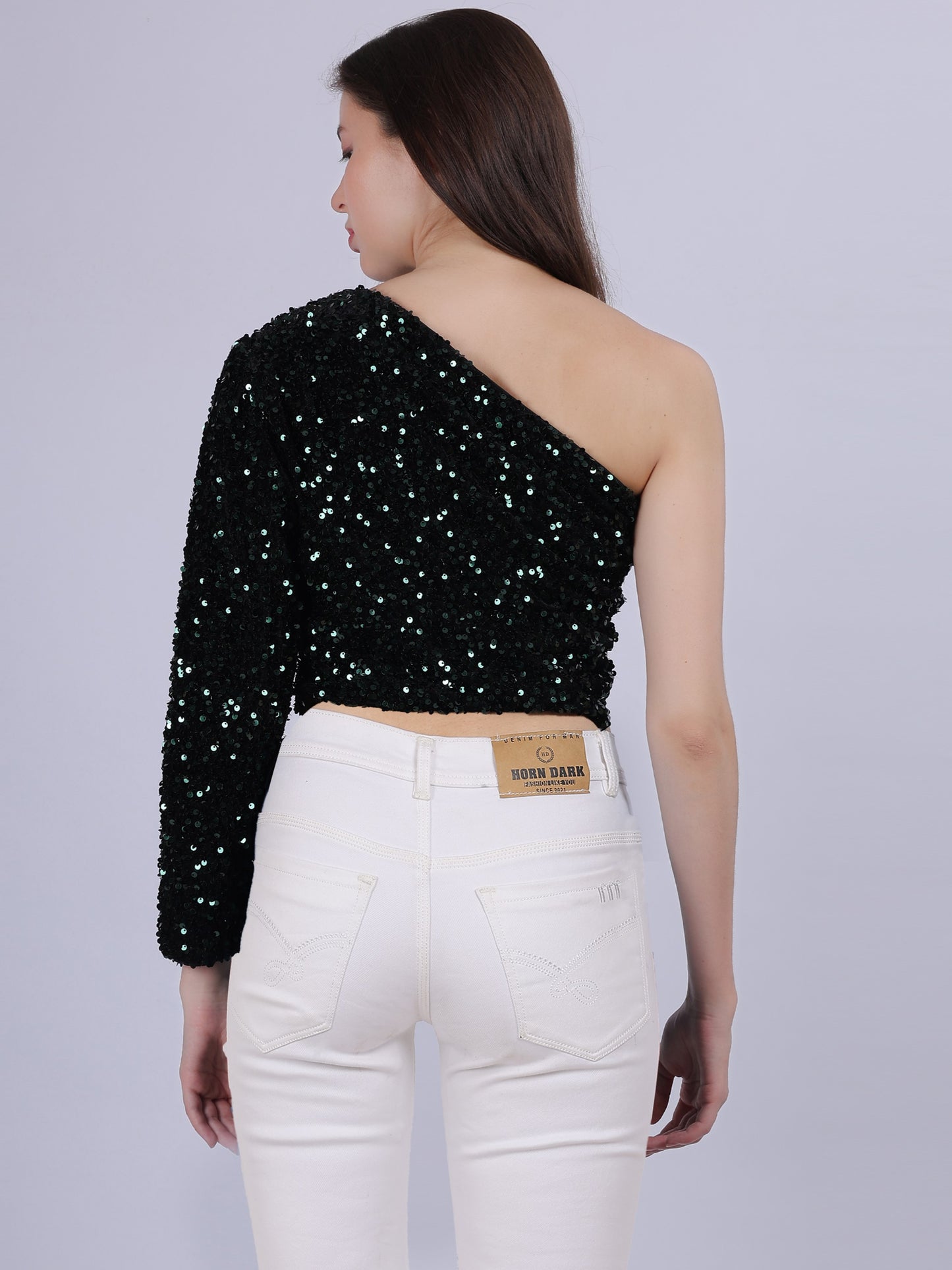 Green One-shoulder Sequin Crop Fashion Top