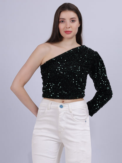 Green One-shoulder Sequin Crop Fashion Top