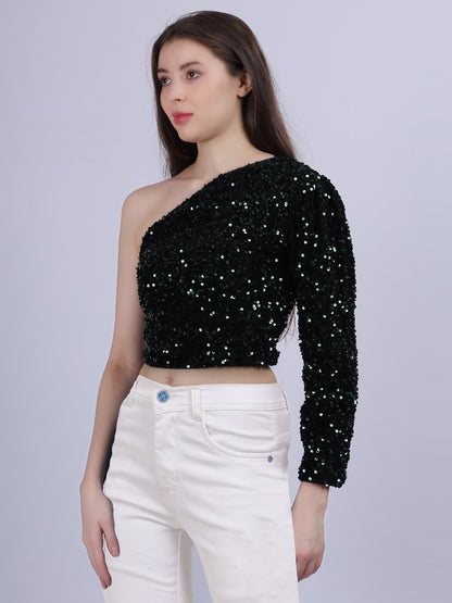 Green One-shoulder Sequin Crop Fashion Top