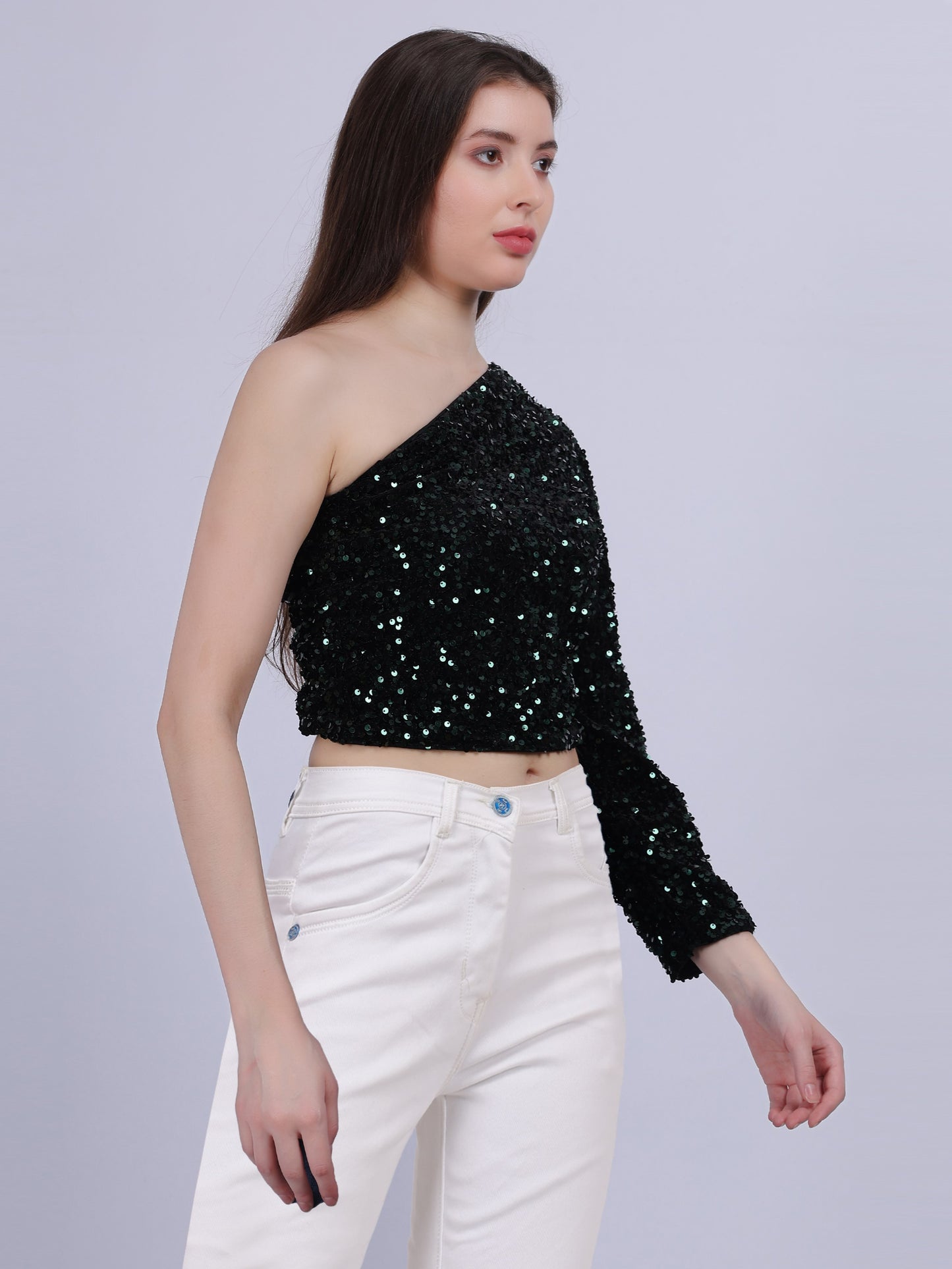 Green One-shoulder Sequin Crop Fashion Top