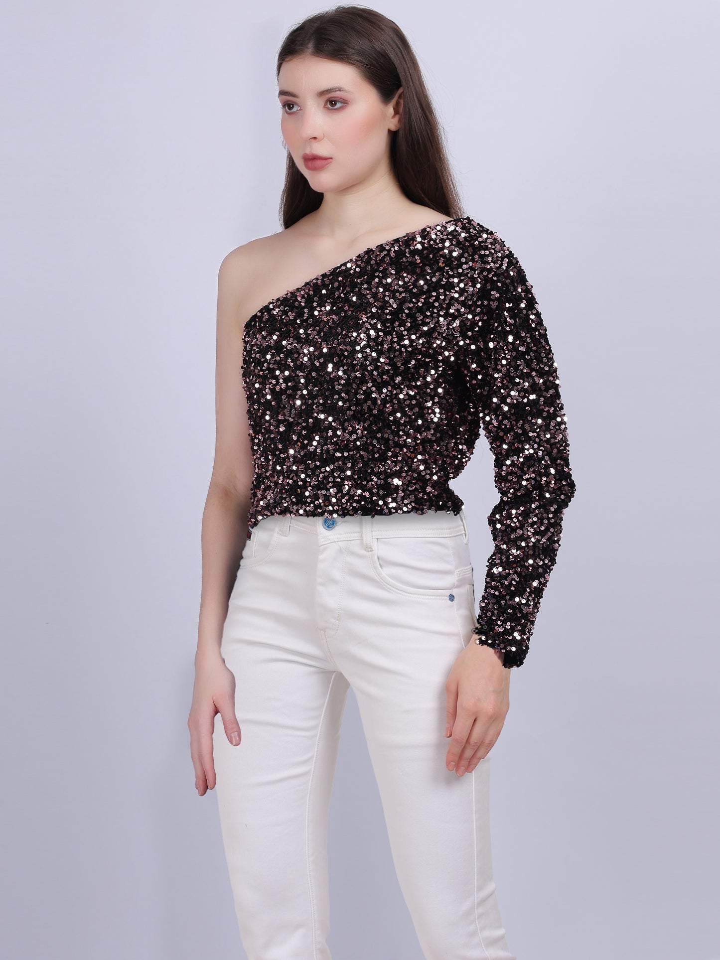 Pink One-shoulder Sequin Crop Fashion Top