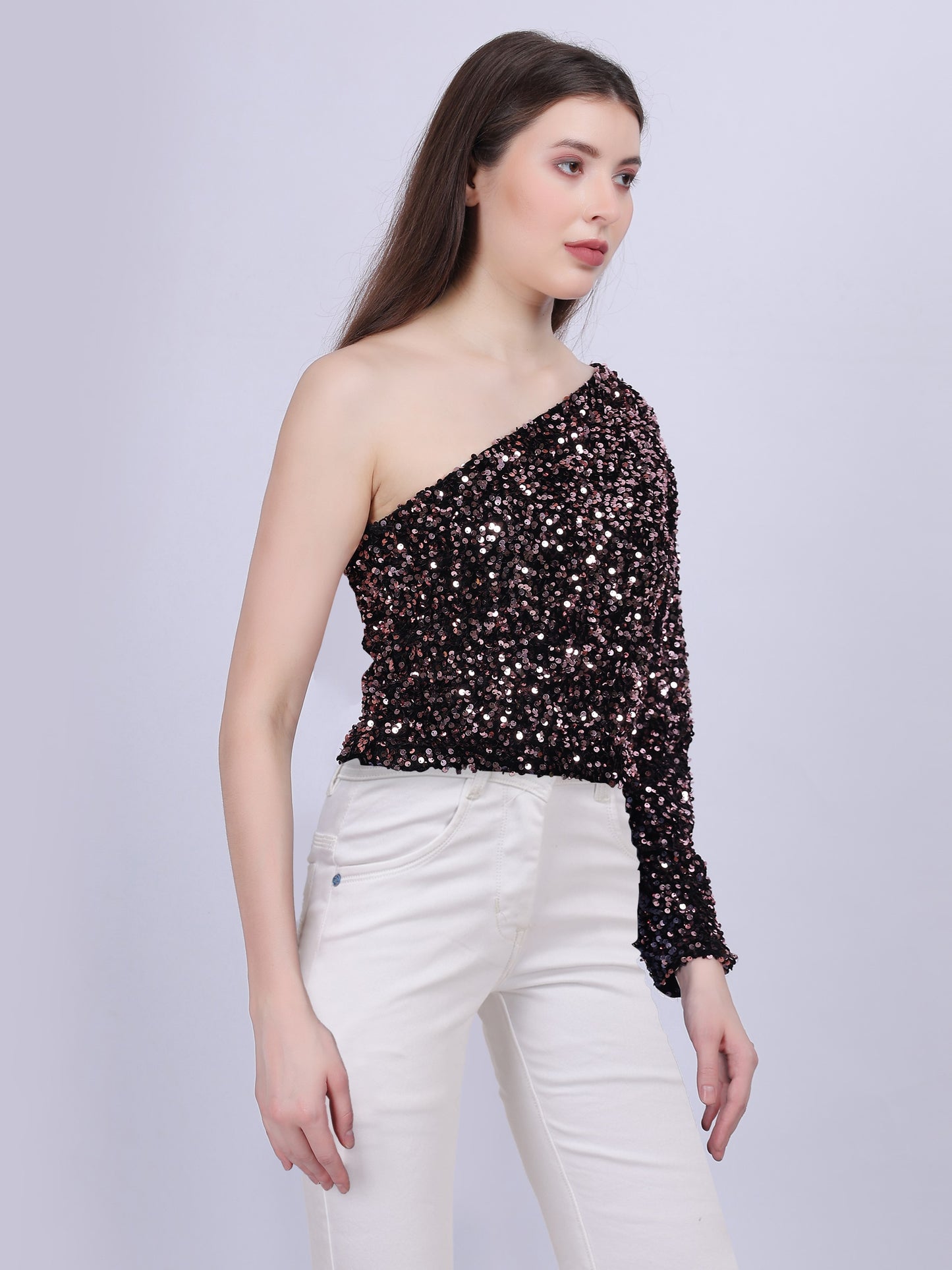 Pink One-shoulder Sequin Crop Fashion Top