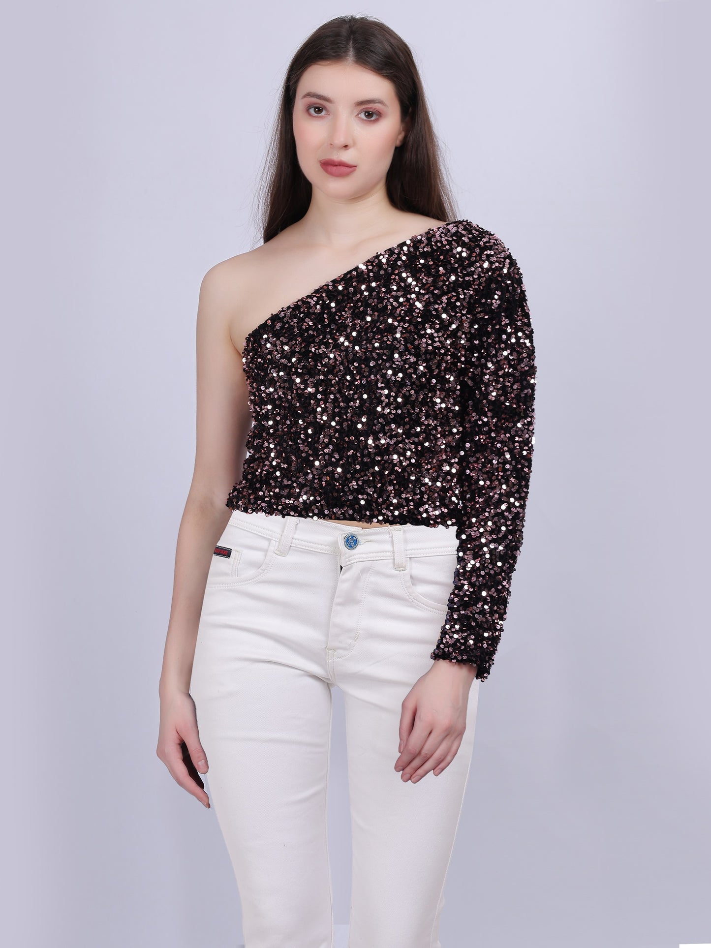 Pink One-shoulder Sequin Crop Fashion Top