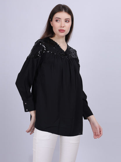 Solid Casual Top With Sequin Embellishment On Shoulder