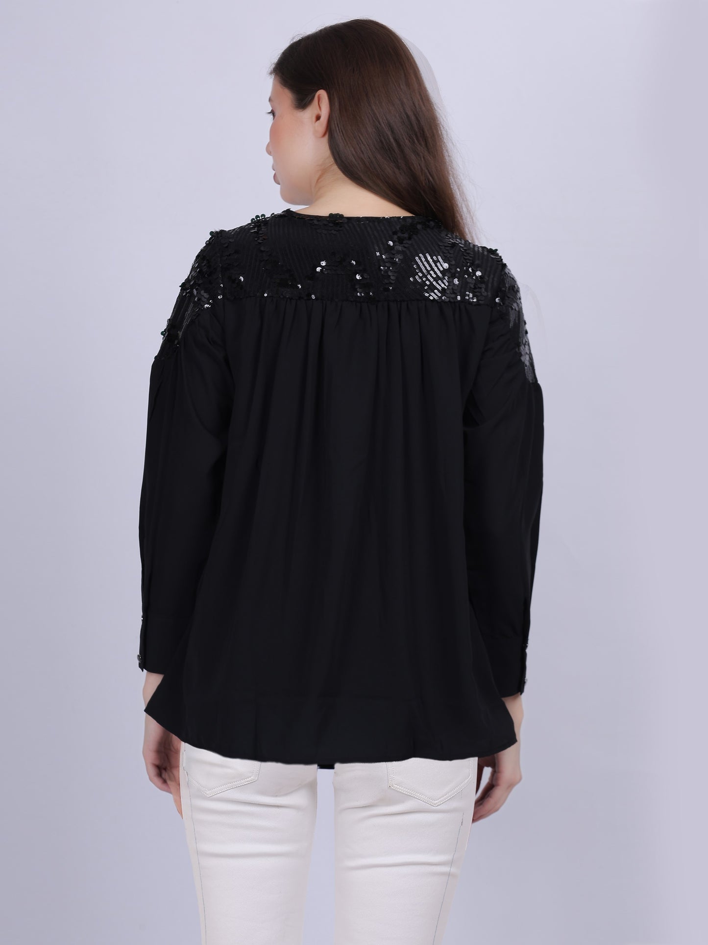 Solid Casual Top With Sequin Embellishment On Shoulder