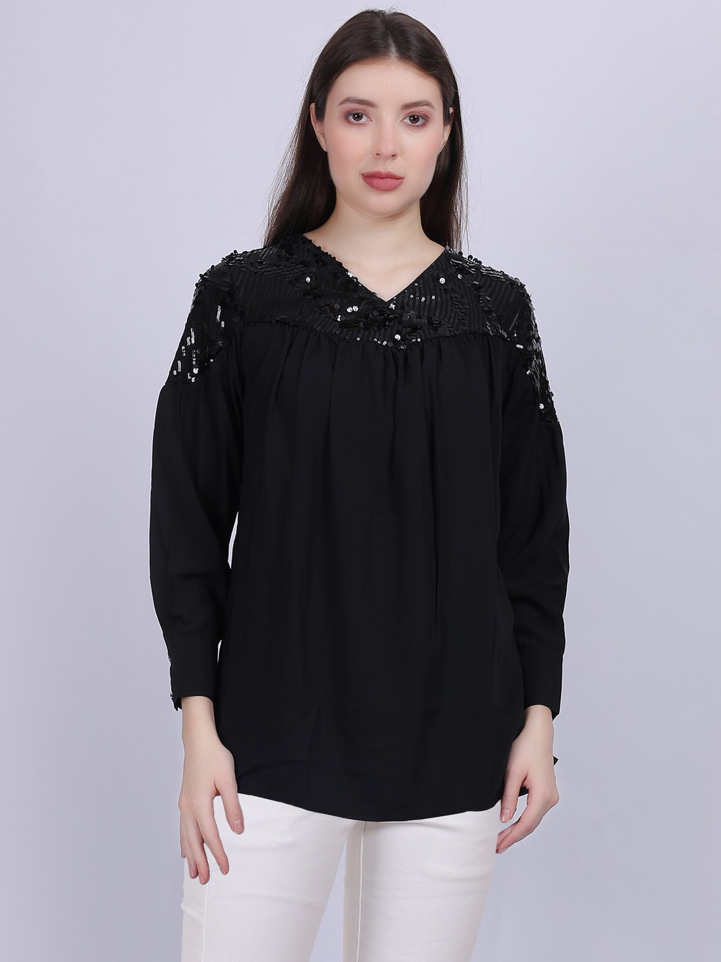 Solid Casual Top With Sequin Embellishment On Shoulder