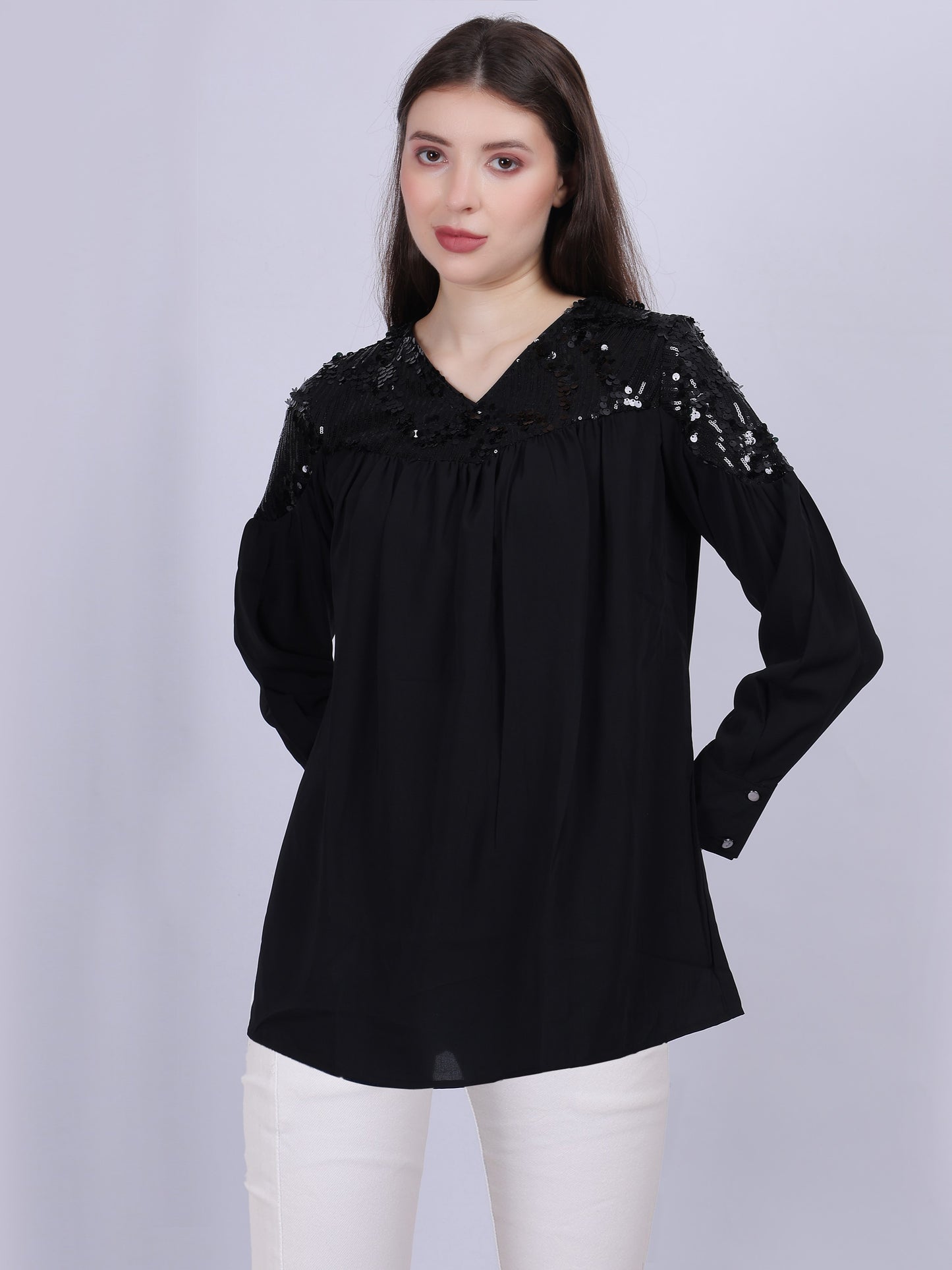 Solid Casual Top With Sequin Embellishment On Shoulder