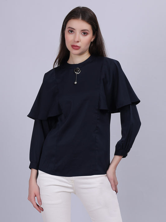 Navy Satin Full Length Top With Button Embellishment