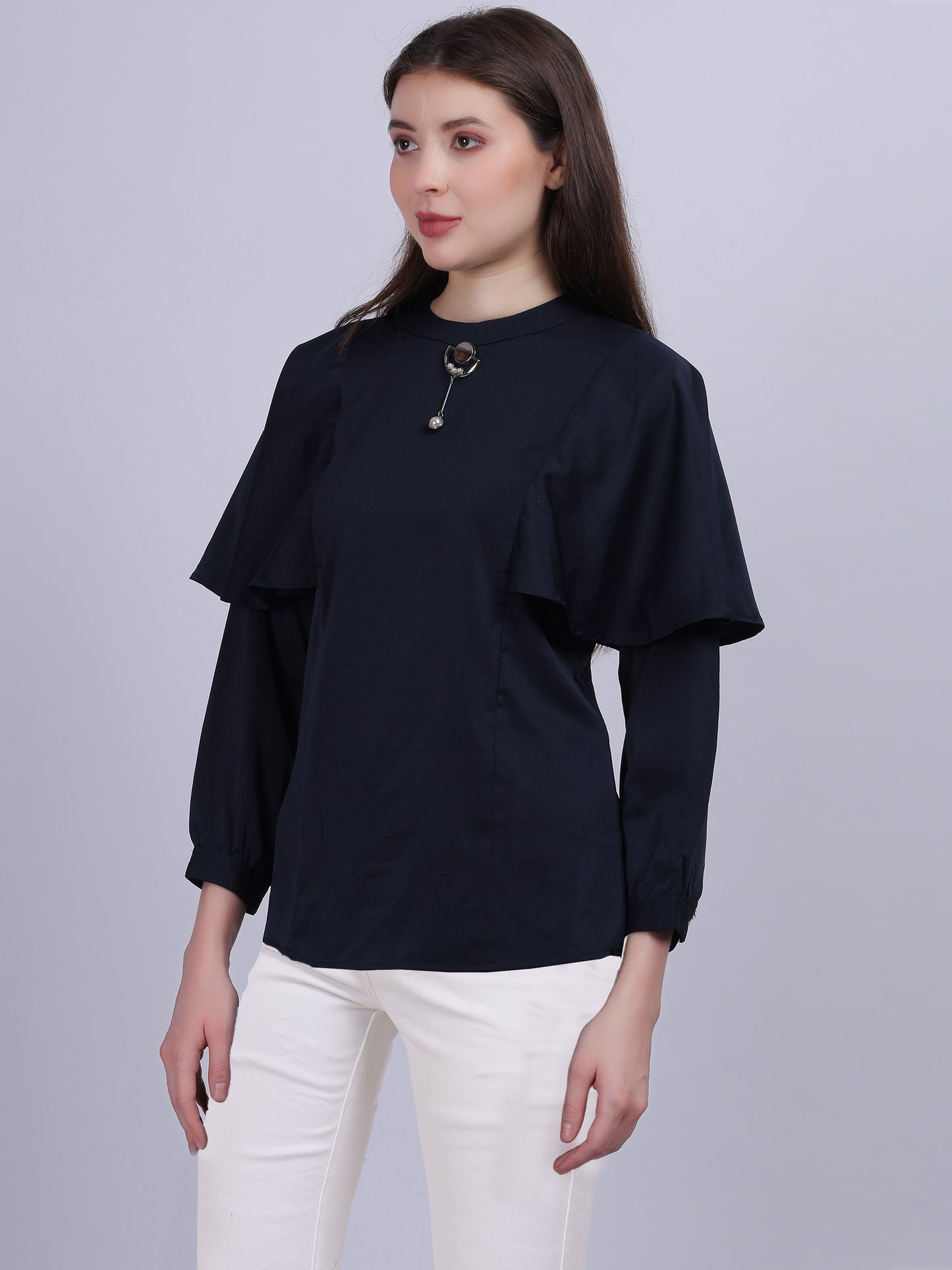 Navy Satin Full Length Top With Button Embellishment