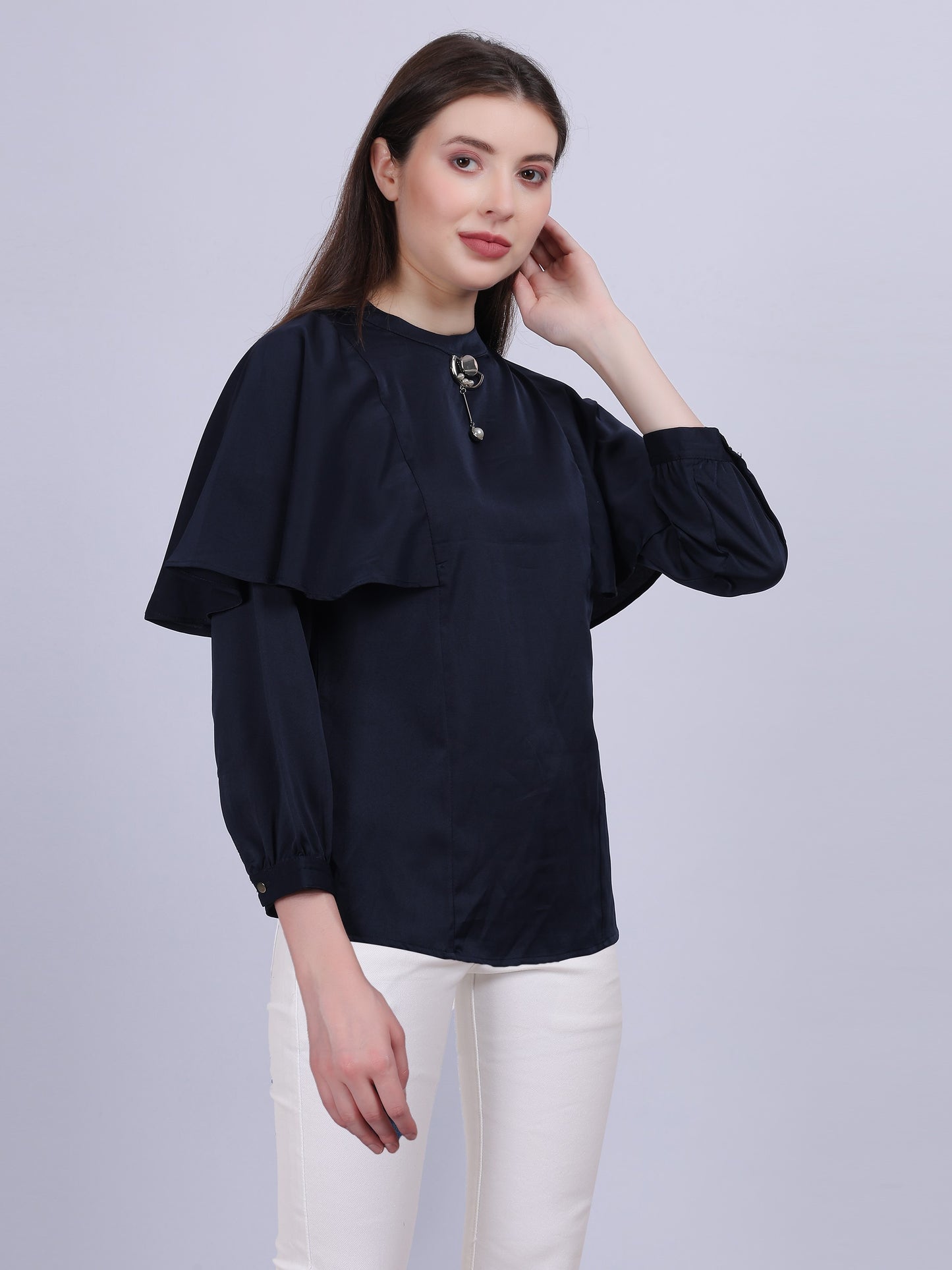 Navy Satin Full Length Top With Button Embellishment