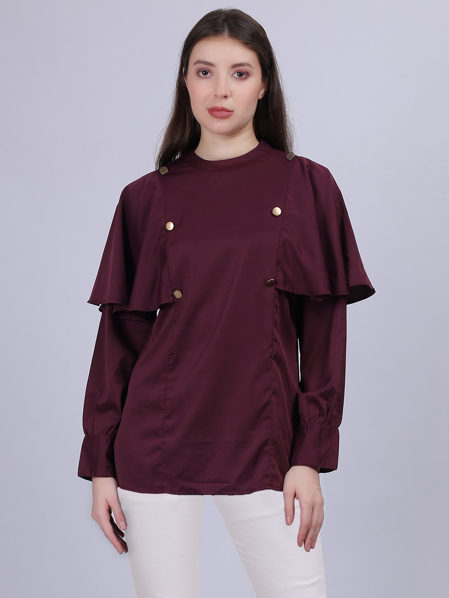 Wine Satin Full Length Top With Button Embellishment