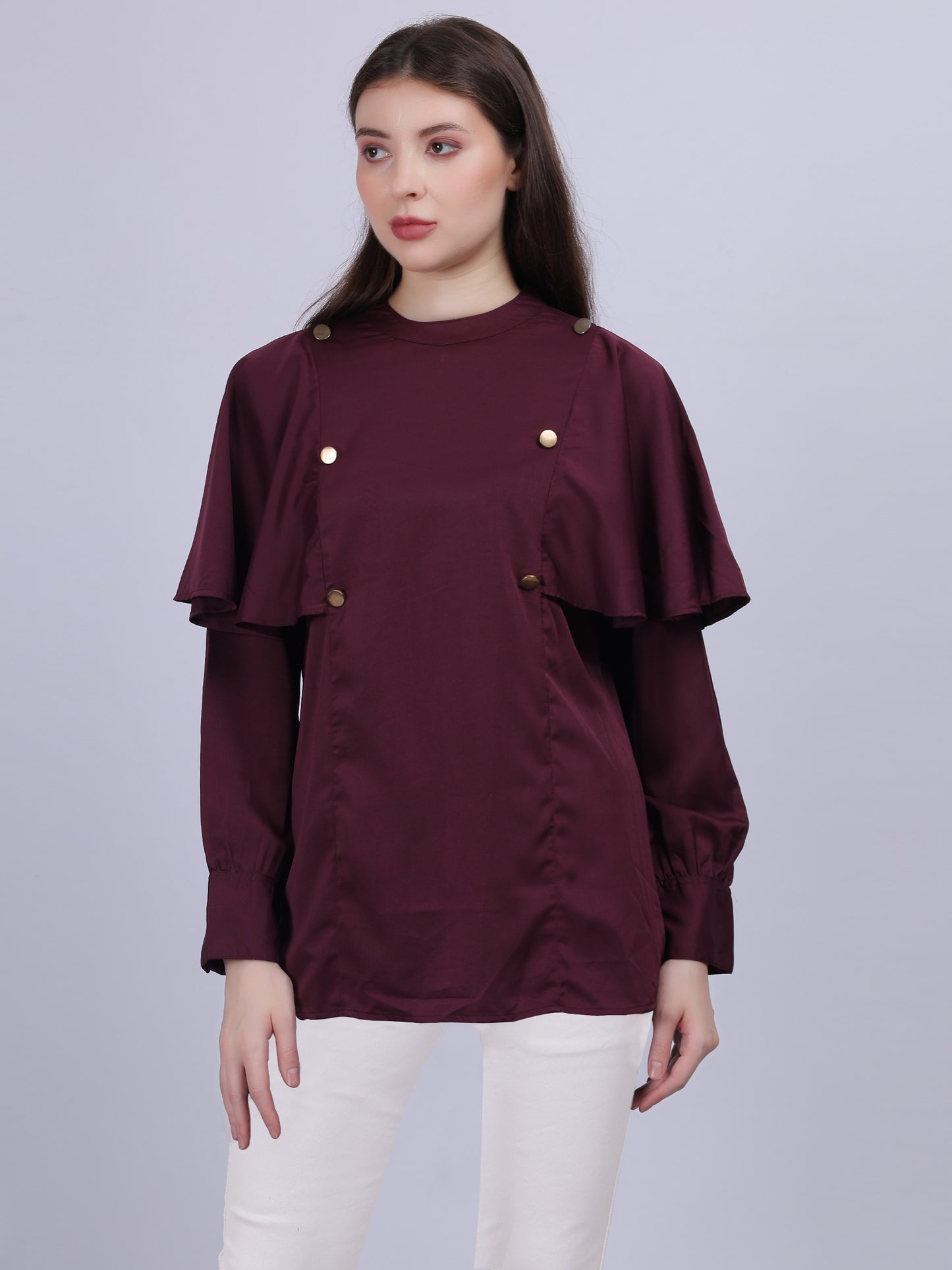 Wine Satin Full Length Top With Button Embellishment