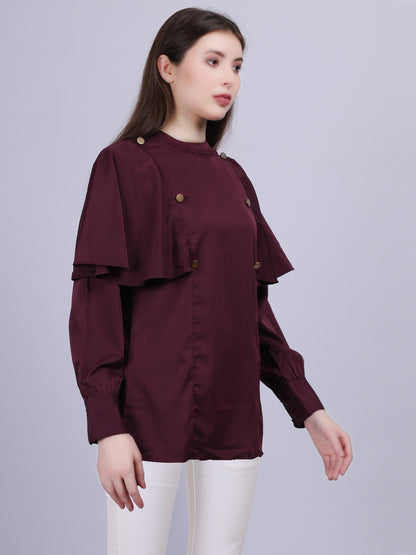 Wine Satin Full Length Top With Button Embellishment