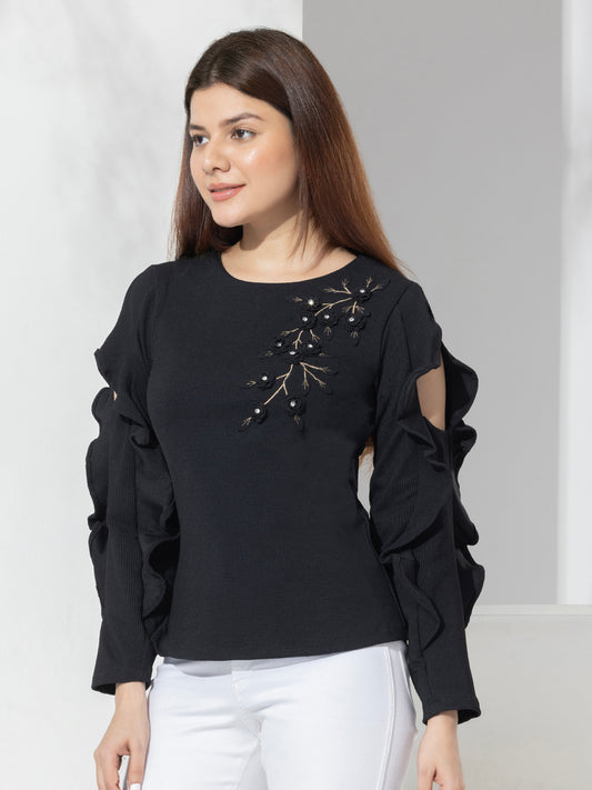 Fashion Top With Ruffle Sleeves & Hand Embroidery