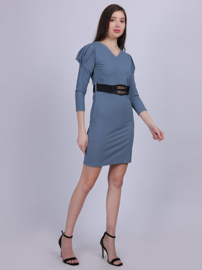 Grey Solid Bodycon Dress With Fashion Puff Sleeves