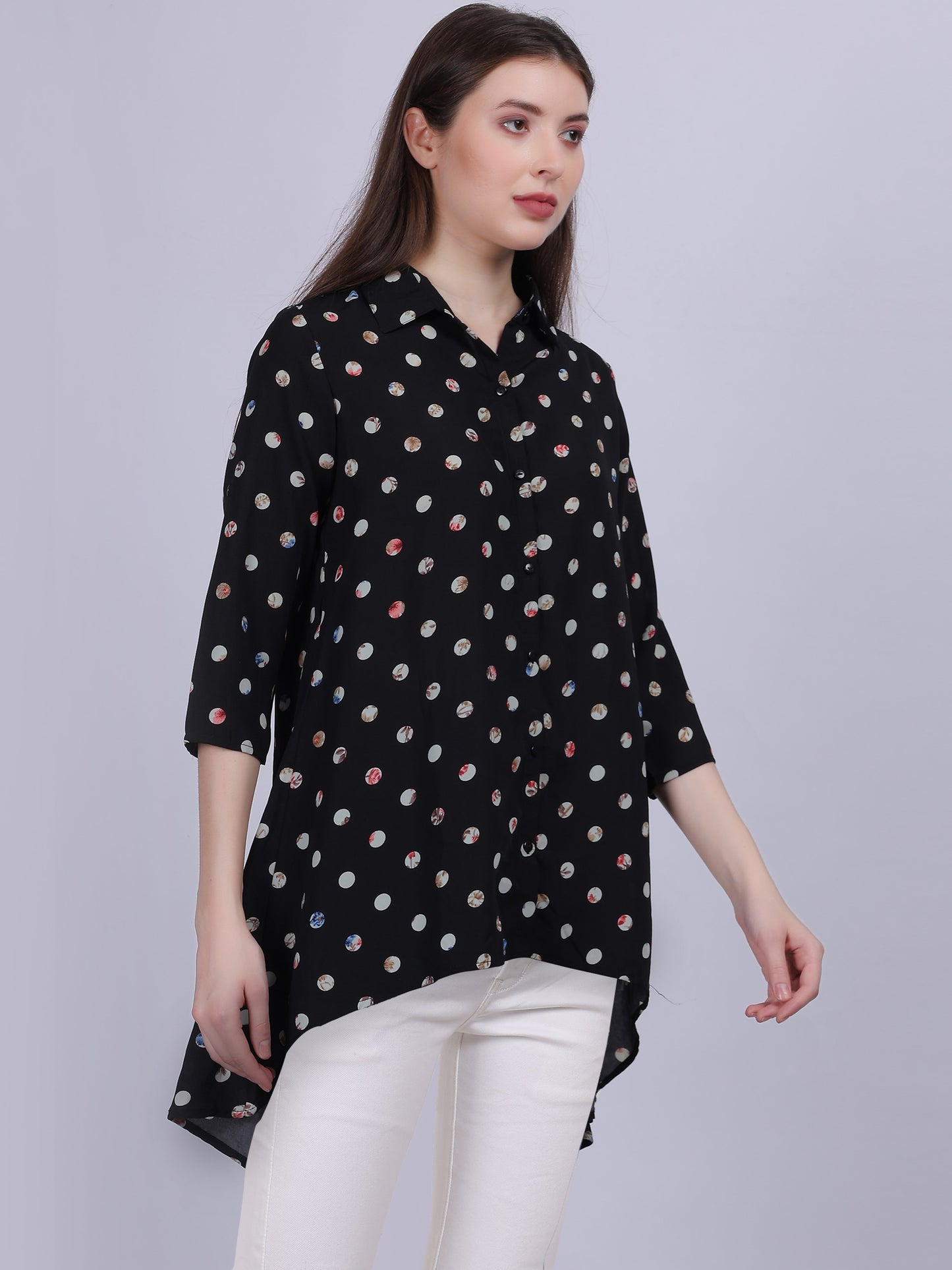 Navy Polka Dots High-low Tunic Top  With Tassel Cord Belt