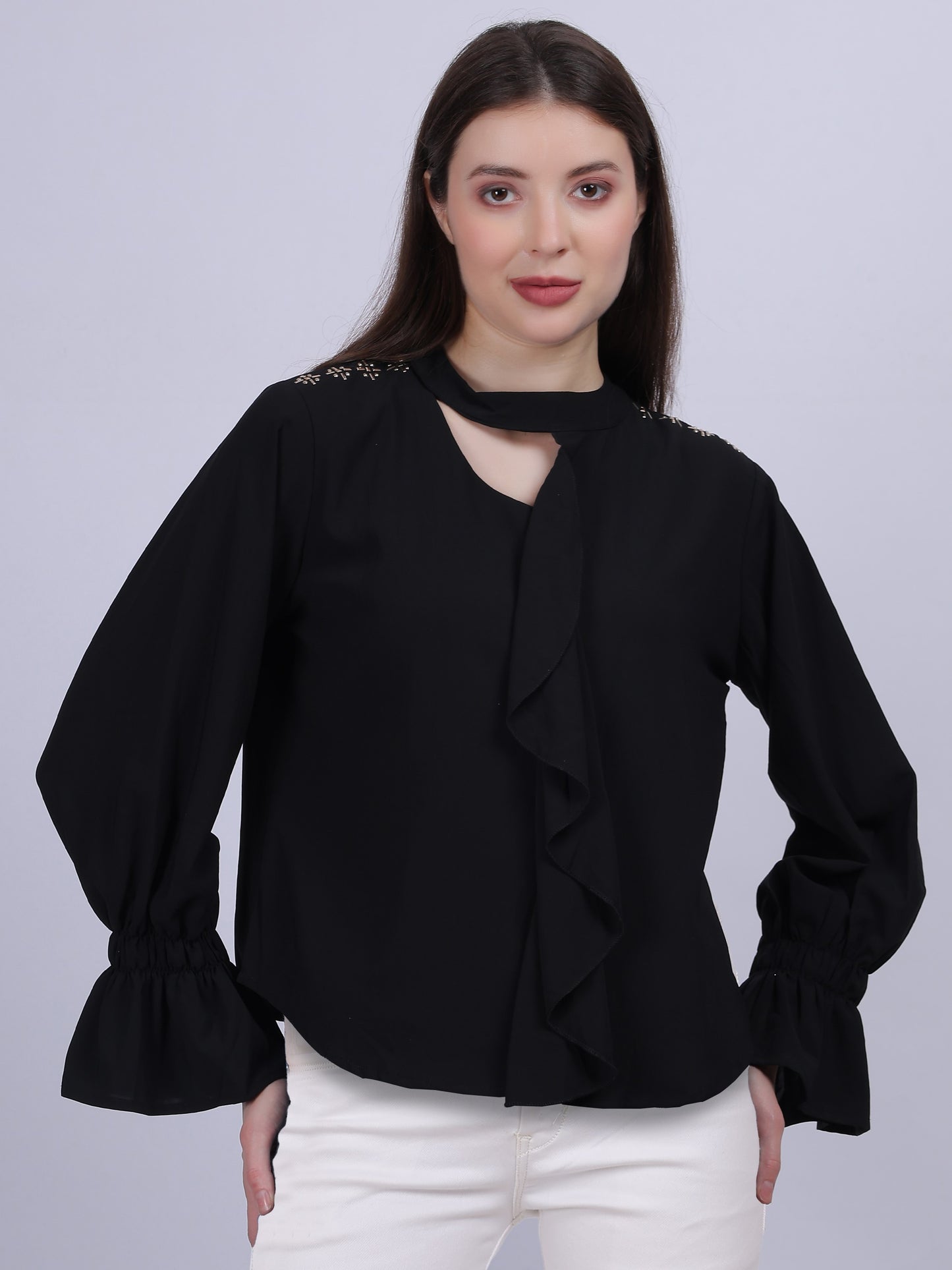 Solid Fashion Top With Ruffles And Stone Work