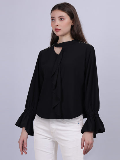 Solid Fashion Top With Ruffles And Stone Work