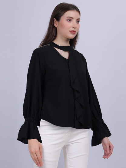 Solid Fashion Top With Ruffles And Stone Work