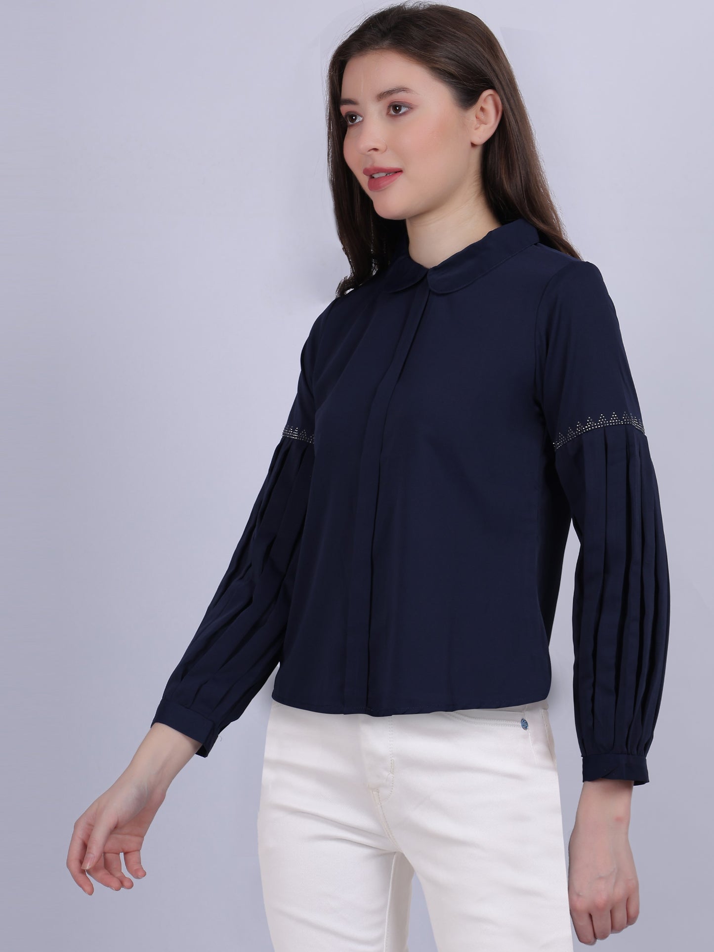 Fancy Crop Top With Fashion Pleated Sleeves