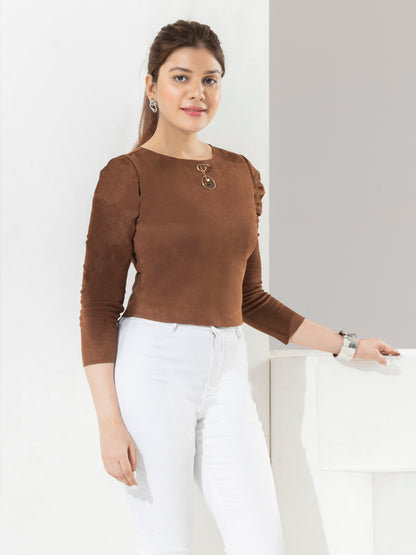 Fashion Crop Top With Puff Sleeves & Metal Emblishment