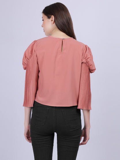 Pink Fashion Crop Top With Bell Pleated Sleeves