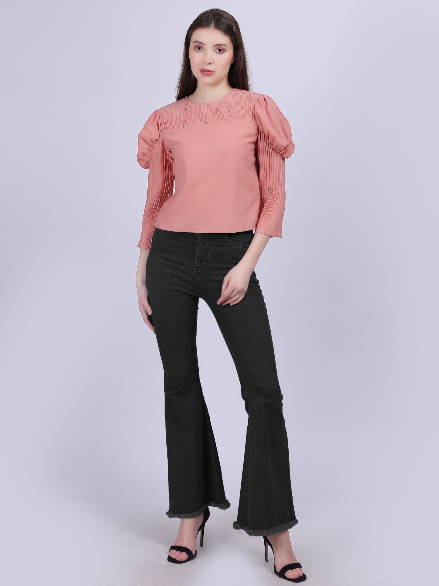 Pink Fashion Crop Top With Bell Pleated Sleeves