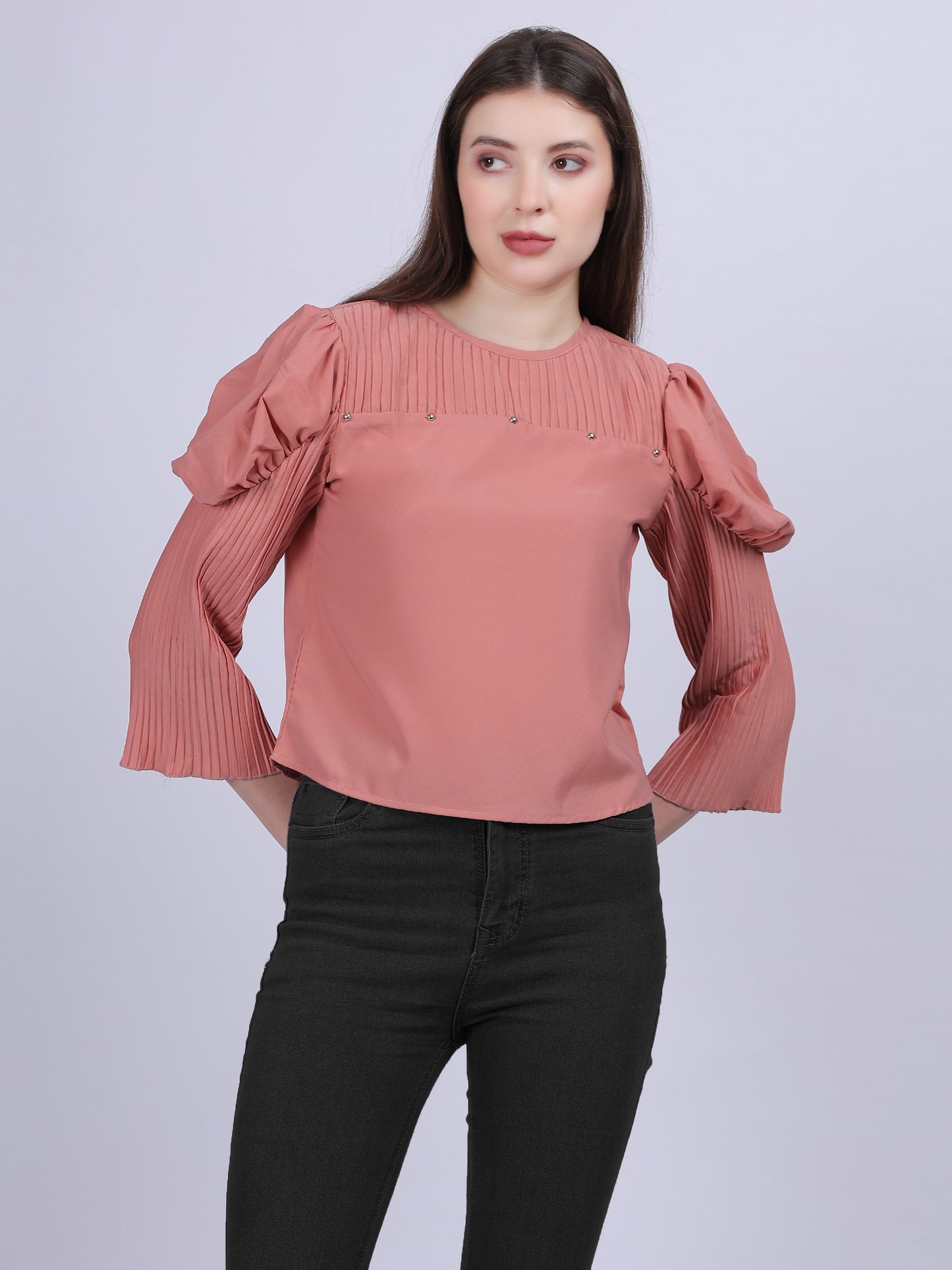 Pink Fashion Crop Top With Bell Pleated Sleeves