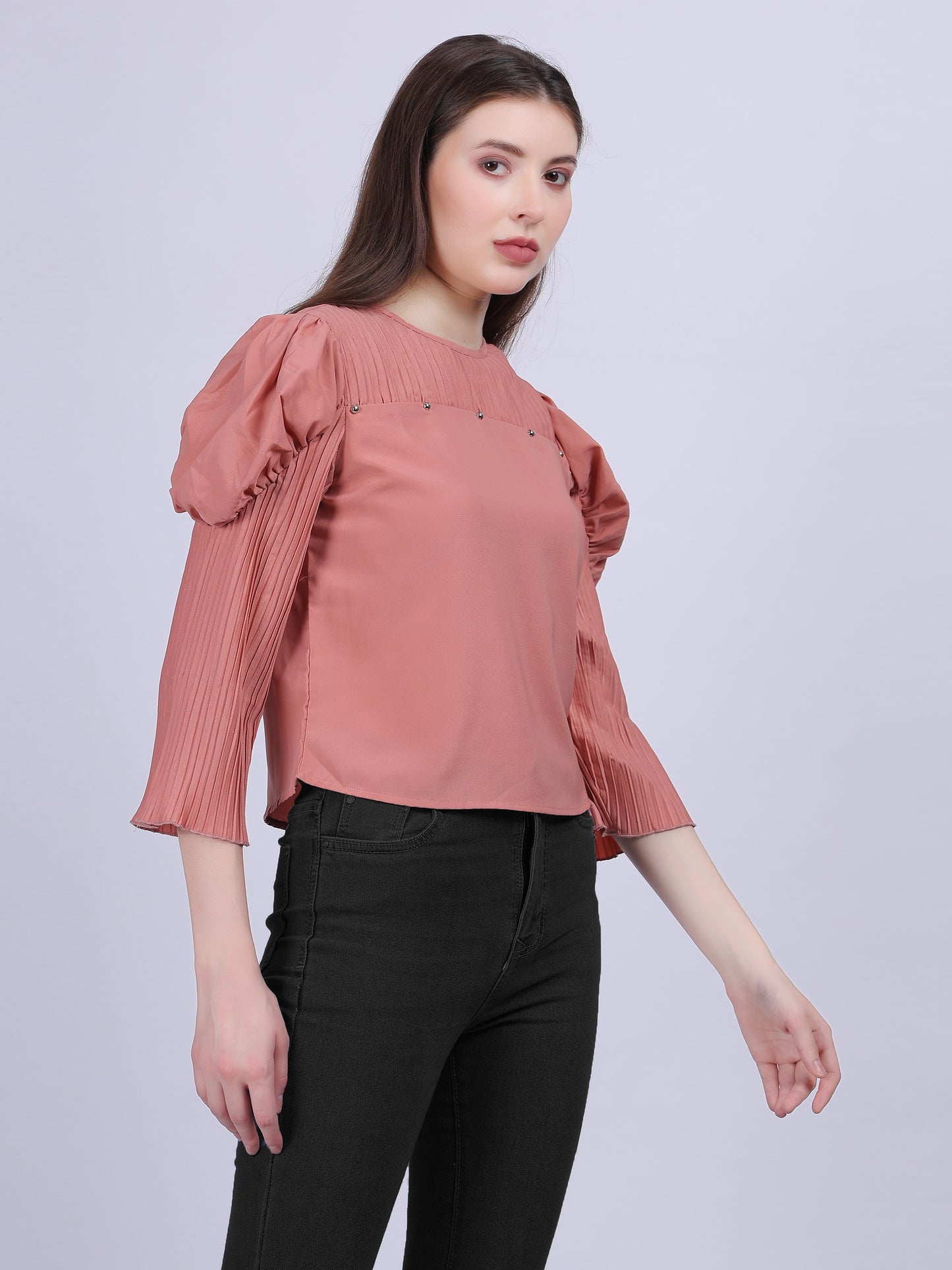 Pink Fashion Crop Top With Bell Pleated Sleeves