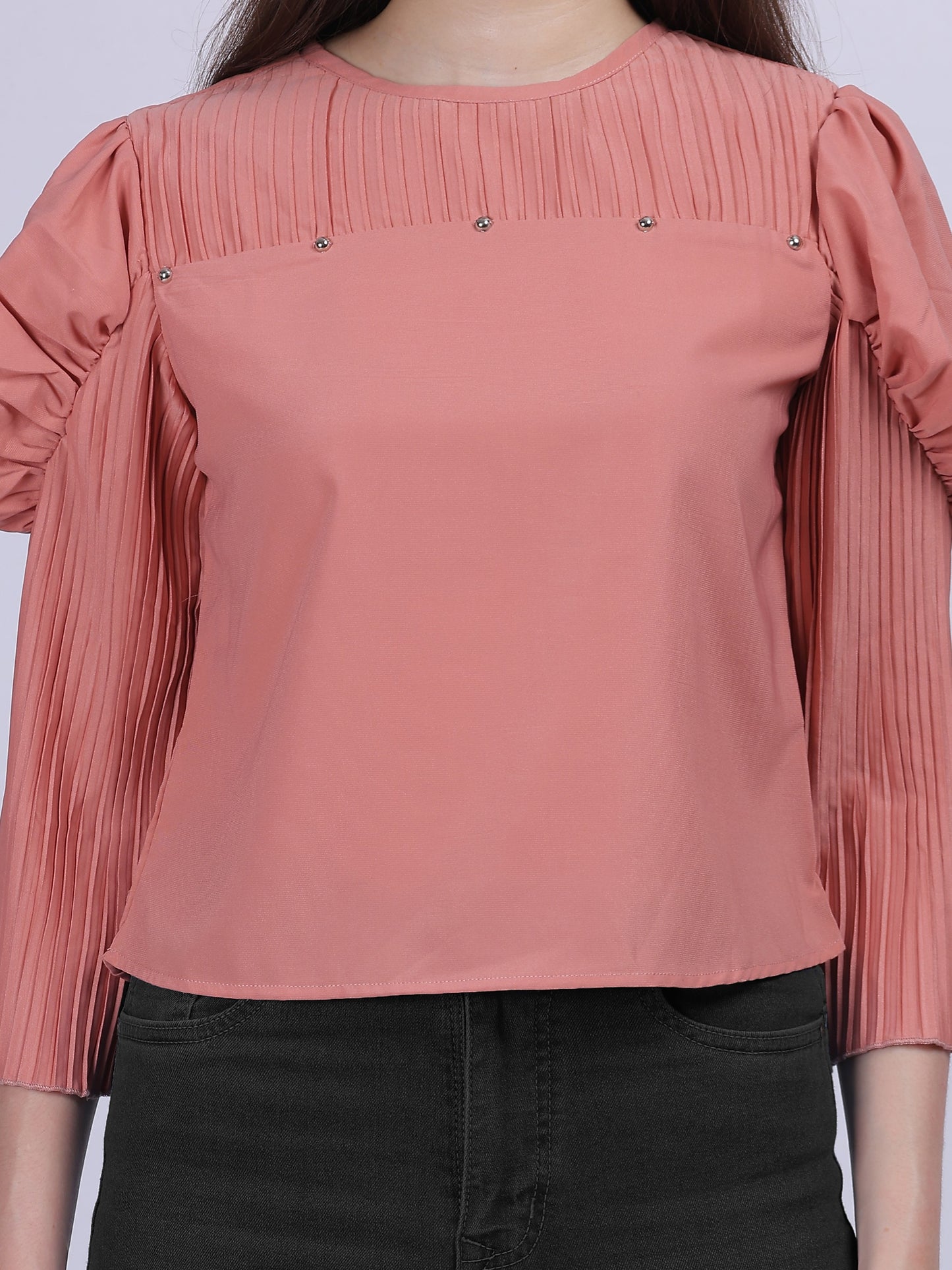 Pink Fashion Crop Top With Bell Pleated Sleeves